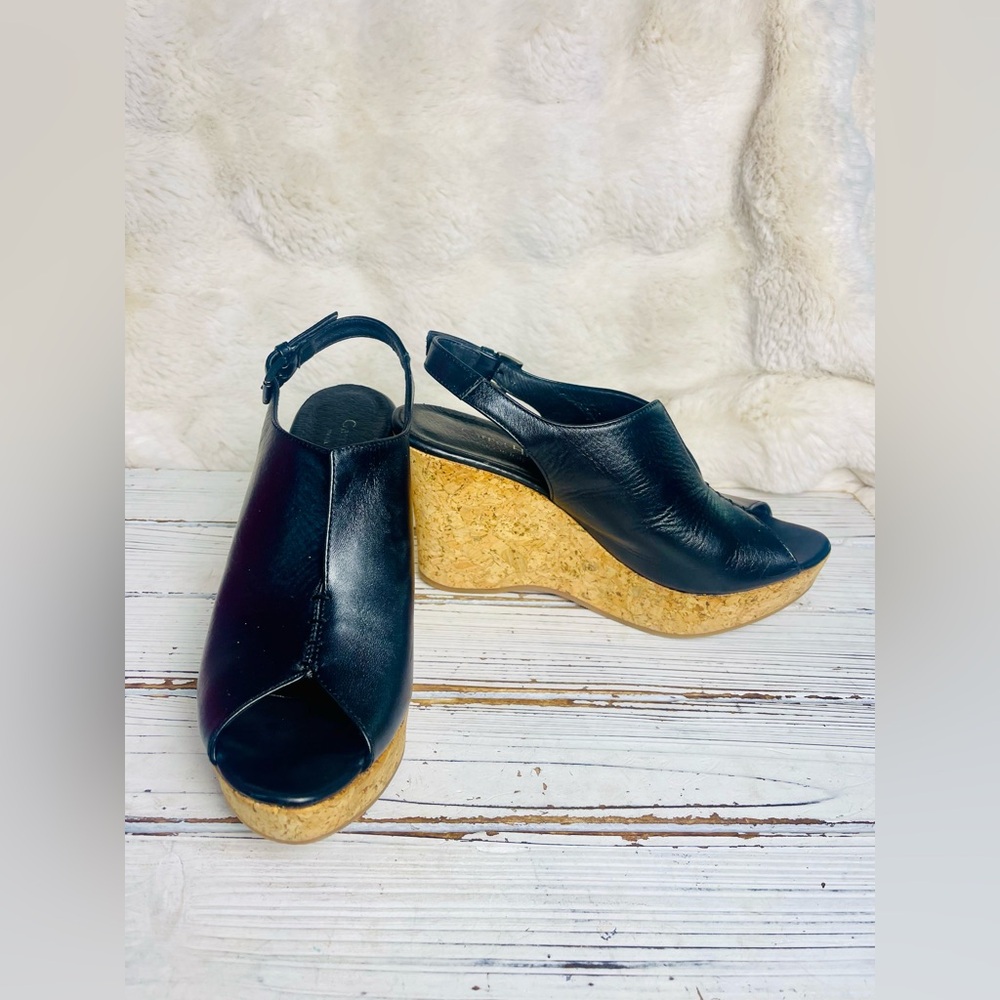 Garnet Hill Black Leather Peep Toe Ultra High Slingback Wedge Sandals Sz 9